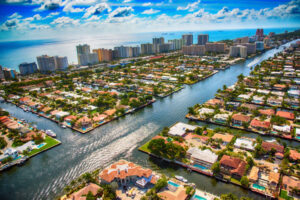 The Intracoastal Waterway as it bisects a residential neighborhood in the Pompano Beach area of South Florida just north of Fort Lauderdale.